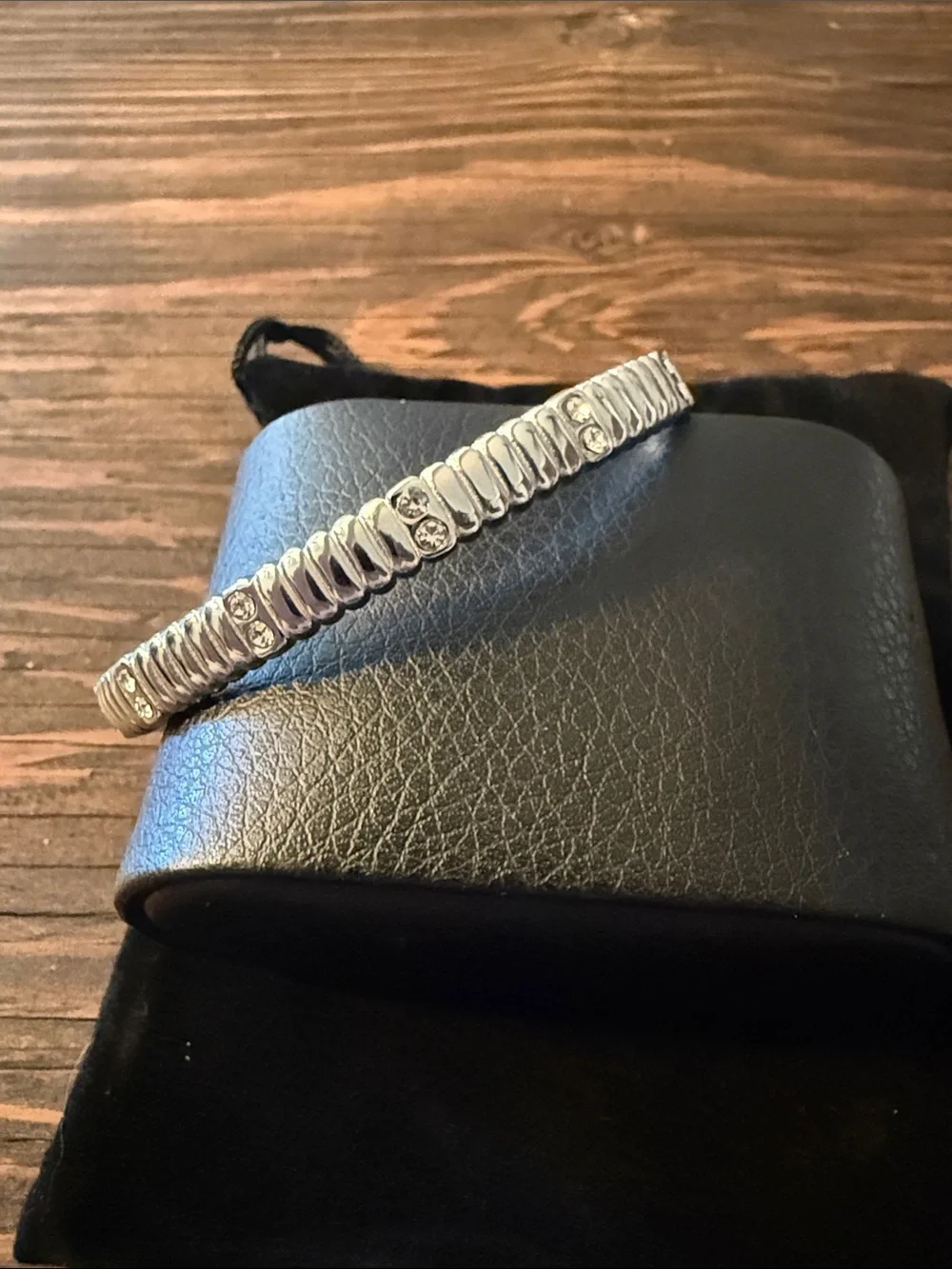 Silver Hinged Bangle Bracelet with Rhinestones Stainless Steel